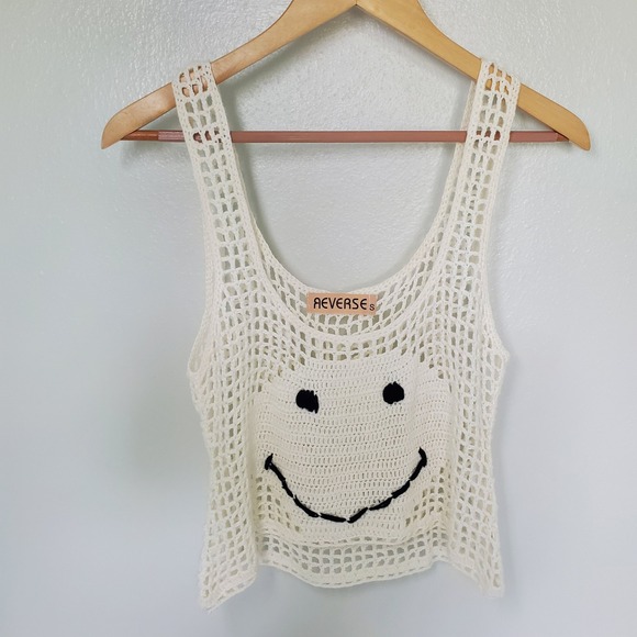 Reverse Tops - Reverse Crochet Smiley Face Tank Top Sleeveless Knit Boho Festival Summer